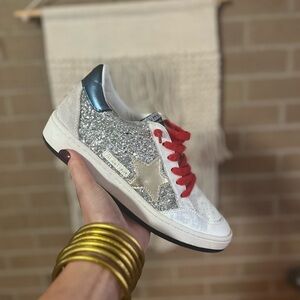 Fun Vintage Havana Glitter Sneakers with Gold Star and Red Laces